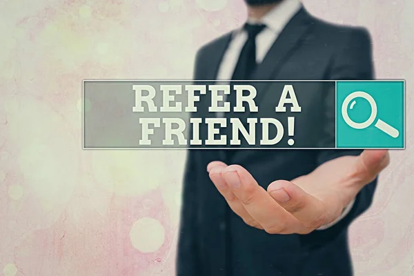Conceptual hand writing showing Refer A Friend. Business photo text direct someone to another or send him something like gift. — Stock Photo, Image