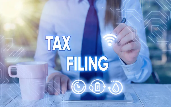 Szövegírás Tax Filing. Az adófizető pénzügyi információihoz benyújtott dokumentumok benyújtásának üzleti koncepciója. — Stock Fotó