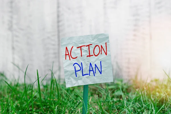 Handwriting text Action Plan. Concept meaning detailed plan outlining actions needed to reach goals or vision Plain empty paper attached to a stick and placed in the green grassy land.