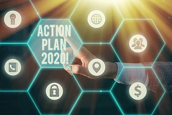 Tekstbord met actieplan 2020. Conceptueel voorgestelde strategie of actielijn voor het lopende jaar. — Stockfoto