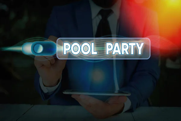 Writing note showing Pool Party. Business photo showcasing celebration that includes activitites in a swimming pool. — Stock Photo, Image