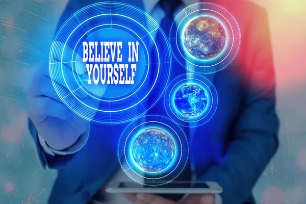 Word writing text Believe In Yourself. Business concept for common piece of advice that you can do everything Elements of this image furnished by NASA. — Stockfoto