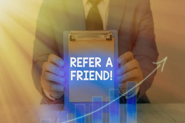 Text sign showing Refer A Friend. Conceptual photo direct someone to another or send him something like gift. — Stock Photo, Image