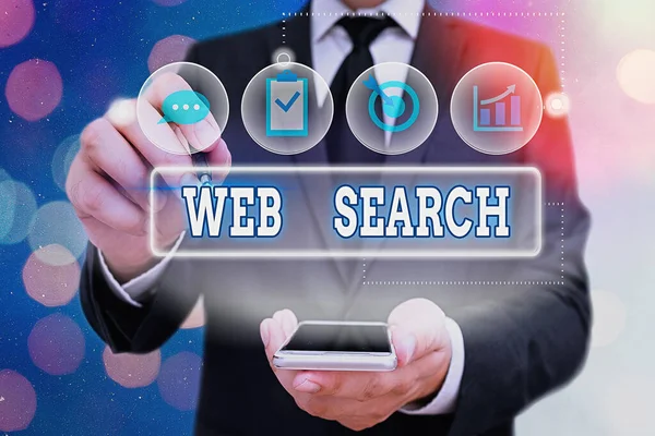 Texto de caligrafia Web Search. Conceito que significa sistema de software projetado para procurar informações na web . — Fotografia de Stock