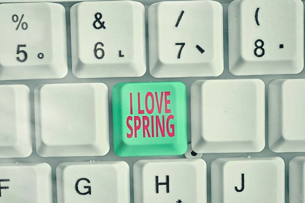 Escrevendo uma nota mostrando que eu amo a primavera. Foto de negócios mostrando dizendo por que ter um forte afeto a esta temporada . — Fotografia de Stock