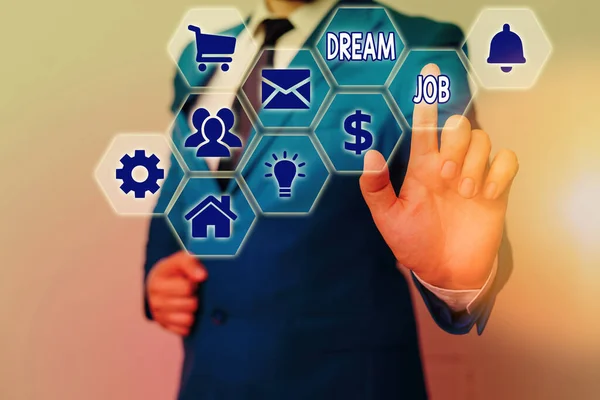 Conceptueel handschrift met Dream Job. Zakelijke foto presentatie Een daad die wordt betaald door salaris en geeft je geluk. — Stockfoto
