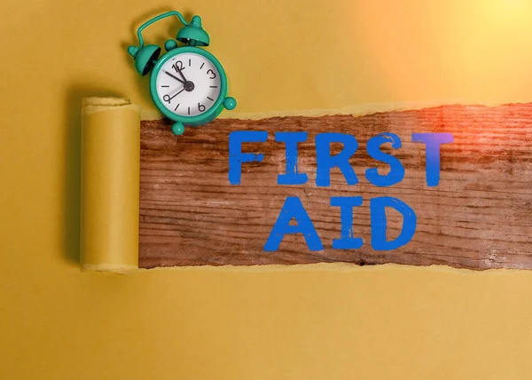 Text sign showing First Aid. Conceptual photo Practise of healing small cuts that no need for medical training.