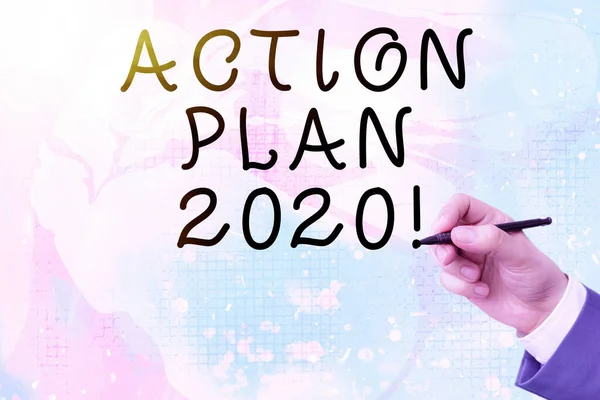 Conceptual hand writing showing Action Plan 2020. Business photo text proposed strategy or course of actions for current year.