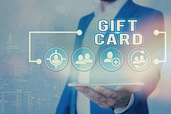 Signo de texto que muestra Gift Card. Foto conceptual Un regalo generalmente hecho de papel que contiene su mensaje . — Foto de Stock