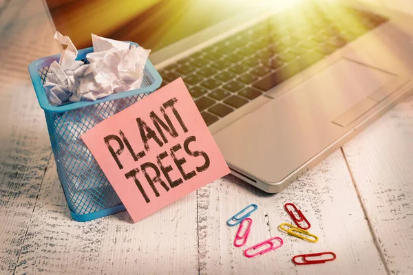 Conceptual hand writing showing Plant Trees. Business photo showcasing process of planting a tree for land cultivation and forestry Metallic laptop sticky note bin paper clips vintage table.