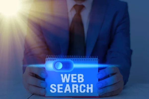 Escrita de mão conceitual mostrando Web Search. Foto de negócios mostrando sistema de software projetado para procurar informações na web . — Fotografia de Stock