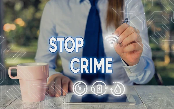 Texto de escritura de palabras Stop Crime. Concepto empresarial para el esfuerzo o intento de reducir y disuadir la delincuencia y los delincuentes . —  Fotos de Stock