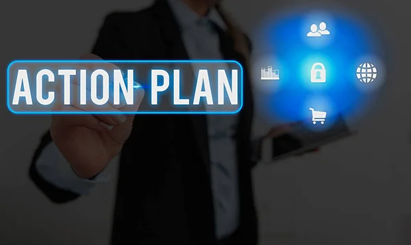 Text sign showing Action Plan. Conceptual photo detailed plan outlining actions needed to reach goals or vision. — Stock Photo, Image