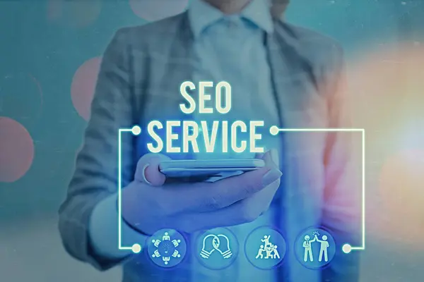 Fogalmi kézírás a Seo Service-ről. Üzleti fotó bemutatása technikák és eljárások, hogy növeljék a honlap láthatóságát. — Stock Fotó