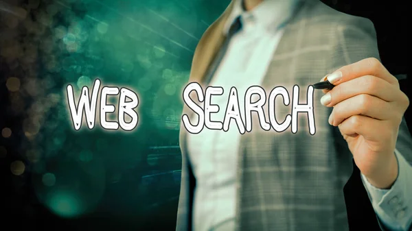 Schrijfnotitie met Web Search. Bedrijfsfoto showcasing software systeem ontworpen om te zoeken naar informatie op het web. — Stockfoto