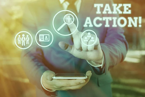 Signo de texto que muestra Take Action. Foto conceptual hacer algo oficial o concertado para lograr objetivo con problema . — Foto de Stock