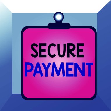Güvenli Ödeme 'yi gösteren kavramsal el yazısı. Kredi kartı numaralarının girildiği iş fotoğrafı görüntüleme web sayfası güvenli pano renkli arka plan klipsi sıkışık tahta çerçeveye sıkıştı.