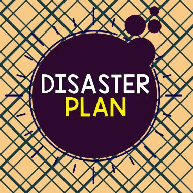 Felaket Planı 'nı gösteren kavramsal el yazısı. İş fotoğrafı metni, bir organizasyonun planlanmamış bir olaya nasıl tepki vereceğini belirtir. Asimetrik düzensiz şekil nesne çoklu renk tasarımı.