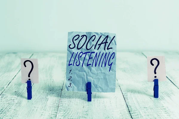 Text sign showing Social Listening. Conceptual photo analyzing the conversations and trends of your product Scribbled and crumbling sheet with paper clips placed on the wooden table.