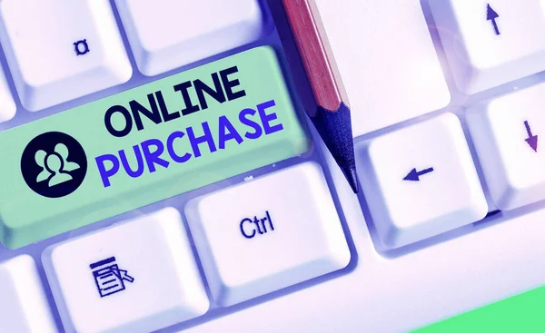 Escrita de mão conceitual mostrando Compra Online. Foto de negócios mostrando os consumidores compram diretamente mercadorias de um vendedor pela Internet . — Fotografia de Stock