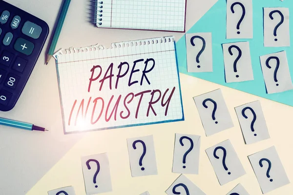 Writing note showing Paper Industry. Business photo showcasing industry of analysisufacturing and selling cellulosebased product Mathematics stuff and writing equipment above pastel colours background