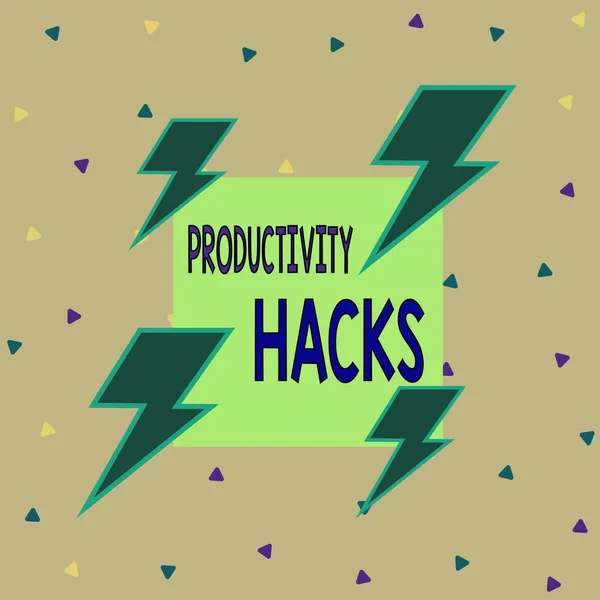 Handstil text skriva produktivitet Hacks. Begreppet innebär trick som du får mer gjort på samma tid Asymmetrisk ojämn format mönster objekt skissera flerfärgad design. — Stockfoto