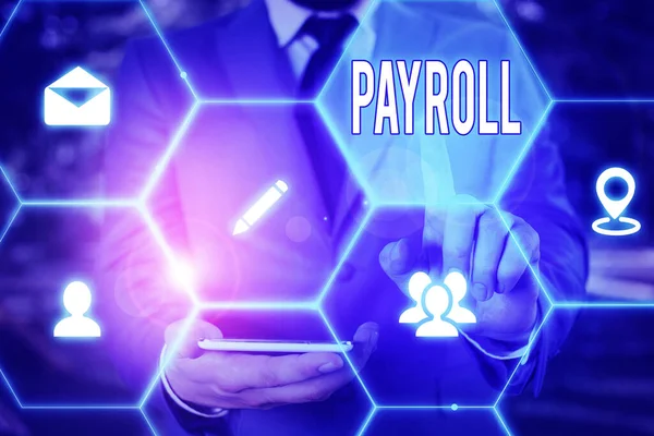 Word tekst intoetsen Payroll. Businessconcept voor de totale hoeveelheid geld bedrijf betaalt aan de werknemers salarisbetaling. — Stockfoto