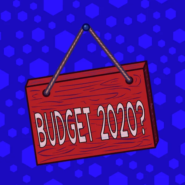 Writing note showing Budget 2020 Question. Business photo showcasing estimate of income and expenditure for next year Square rectangle unreal cartoon wood on the coloured wall.