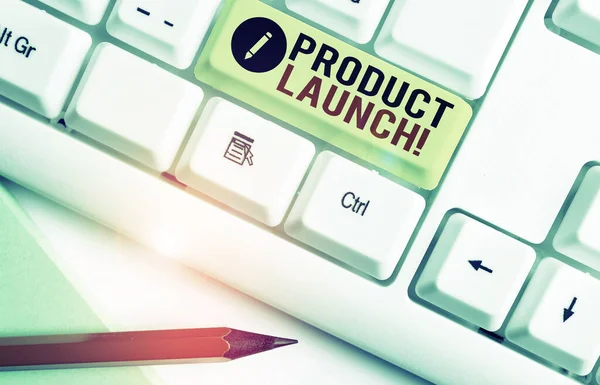 Writing note showing Product Launch. Business photo showcasing process to introduce new product for sale for the first time. — Stockfoto
