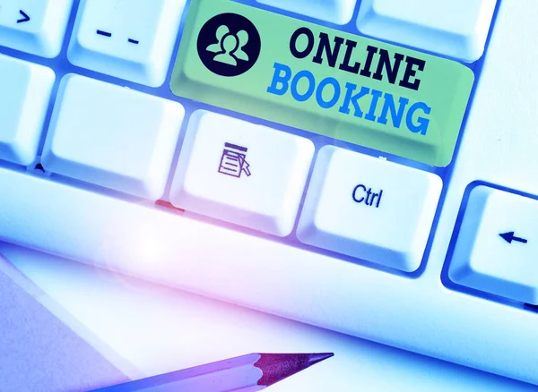 Conceptual hand writing showing Online Booking. Business photo text tool used to analysisage business travel through internet. — Stock Fotó