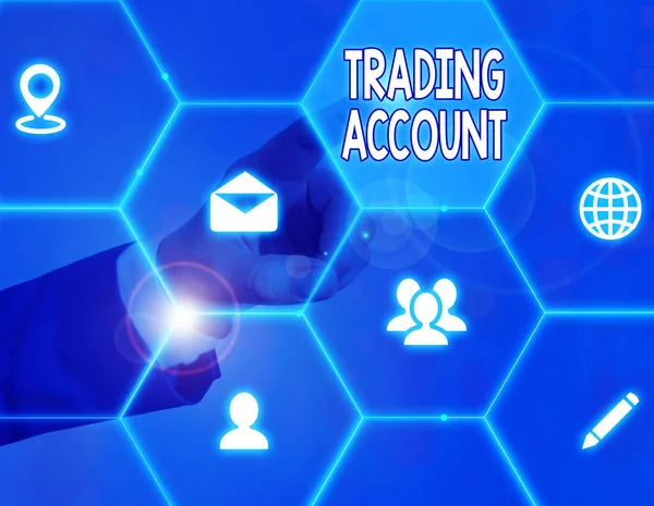 Teks tulisan Word Trading Account. Konsep usaha untuk rekening investasi memiliki uang tunai sekuritas atau saham lainnya . — Stok Foto
