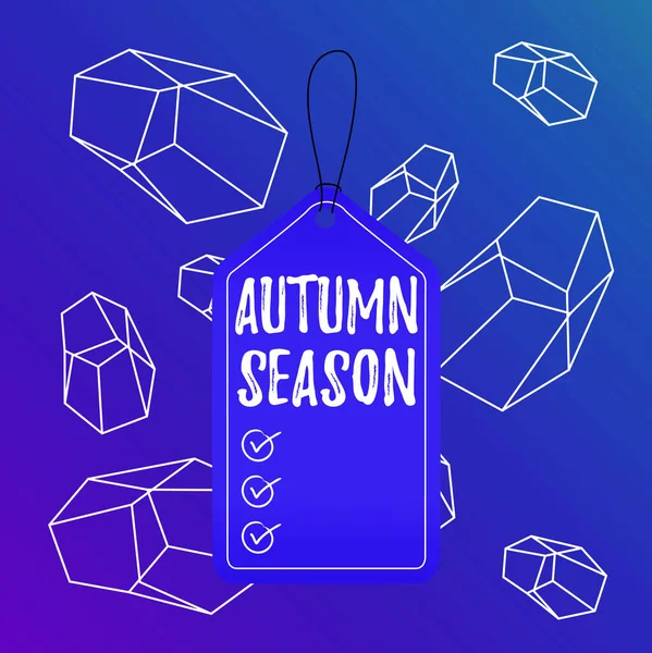 Word writing text Autumn Season. Business concept for it is the season after summer when leaves fall from trees Empty tag blank space colorful background label rectangle attached string. — Stock Photo, Image