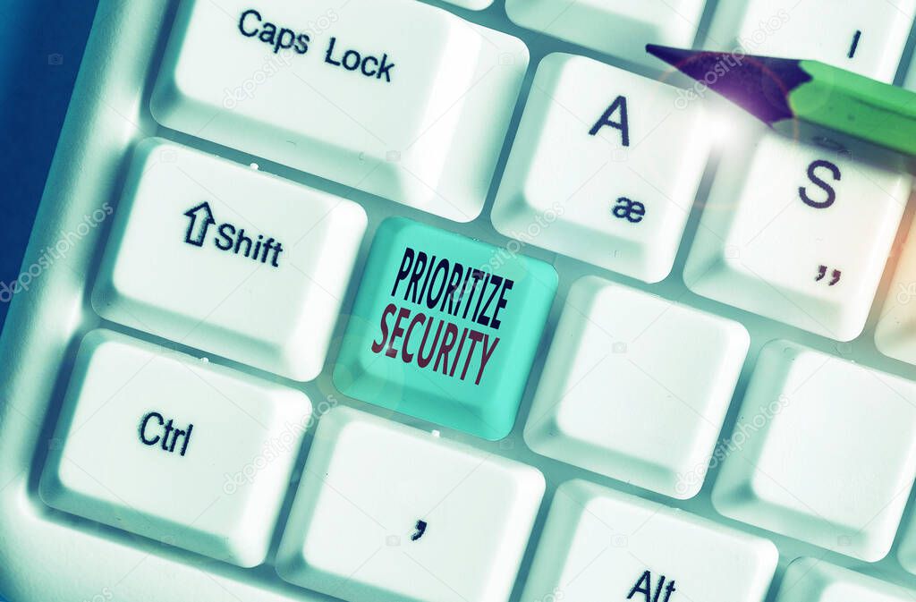 Handwriting text writing Prioritize Security. Concept meaning designate security risk as more important to solve.