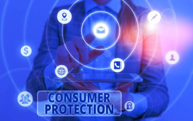 Tüketici korumasını gösteren kavramsal el yazısı. Tüketicilerin haklarını korumayı amaçlayan iş fotoğrafı metin düzenlemesi.