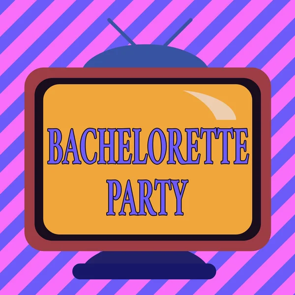 Signo de texto que muestra Bachelorette Party. Foto conceptual una fiesta dada para un woanalysis que está a punto de casarse cuadrado rectángulo viejo multicolor pintura televisión imagen madera diseño . — Foto de Stock