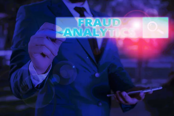 Teks tulisan tangan Fraud Analytics. Konsep yang berarti identifikasi dari penipuan aktual atau yang diharapkan untuk mengambil tempat . — Stok Foto