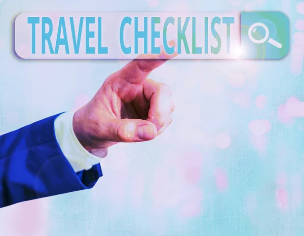 単語の書き込みテキスト旅行チェックリスト。予定されている旅行のためにチェックされ、又は行われるもののリストのためのビジネスコンセプト. — ストック写真