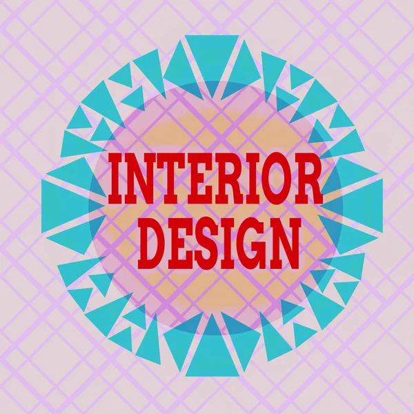 Writing note showing Interior Design. Business photo showcasing the art of designing the interior decoration of a building Asymmetrical uneven shaped pattern object multicolour design. — Stockfoto