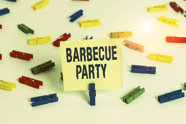 Word writing text Barbecue Party. Business concept for outdoor party where food is cooked on a grill or over a fire Colored clothespin papers empty reminder white floor background office. — 图库照片