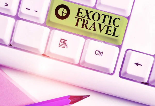 Egzotikus utazást mutató SMS-jel. Konceptuális fotó Utazás szokatlan helyekre vagy ismeretlen helyekre. — Stock Fotó