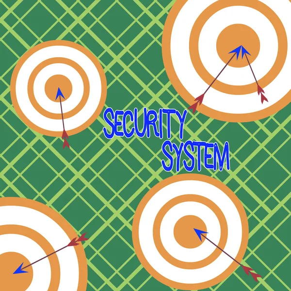 Word writing text Security System. Business concept for system designed to detect intrusion or unauthorized entry Arrow and round target inside asymmetrical shaped object multicolour design.