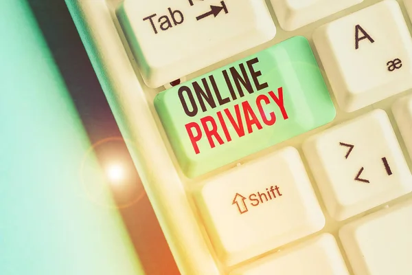 Writing note showing Online Privacy. Business photo showcasing involves the control of what information you reveal online.