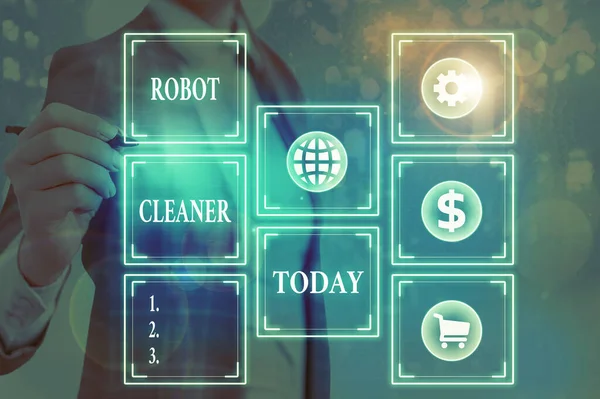 Palavra escrita texto Robot Cleaner. Conceito de negócio para programação inteligente e um sistema de limpeza a vácuo limitado . — Fotografia de Stock