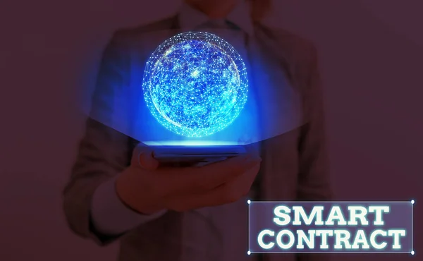 Writing note showing Smart Contract. Business photo showcasing the computer protocol running on top of a block chain Elements of this image furnished by NASA.