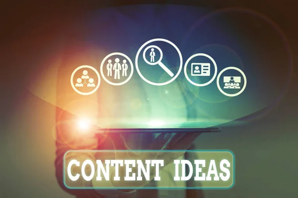 Writing note showing Content Ideas. Business photo showcasing the formulated thought or opinion for content campaign. — Stock Photo, Image