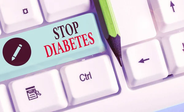Writing note showing Stop Diabetes. Business photo showcasing prevent the disease of elevating glucose level in the blood. — Stockfoto