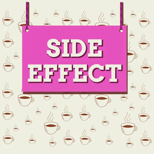 Writing note showing Side Effect. Business photo showcasing typically undesirable effect of a drug or medical treatment Wooden board wood empty frame fixed colorful striped string.