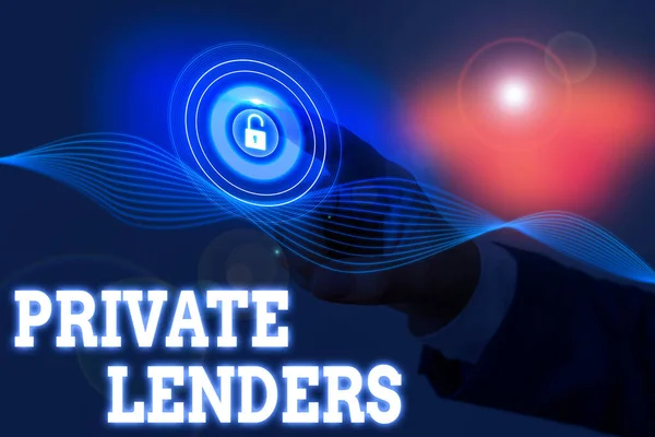 Writing note showing Private Lenders. Business photo showcasing a demonstrating or organization that lends money to showing. — Stock Photo, Image