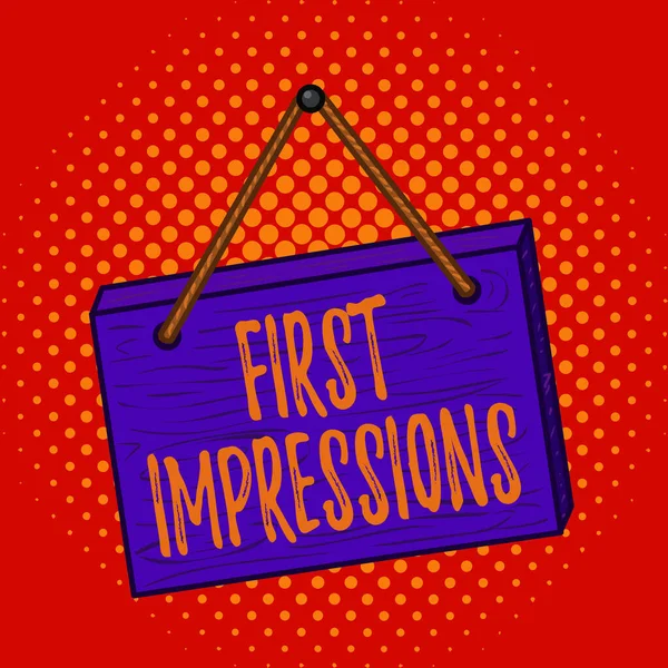 Conceptual hand writing showing First Impressions. Business photo text first consideration or judgment towards a demonstrating Square rectangle unreal cartoon wood on the coloured wall. — Stock Photo, Image