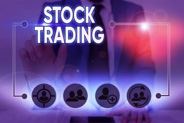 Handwriting text writing Stock Trading. Concept meaning the action or activity of buying and selling shares on market. — Stock Photo, Image